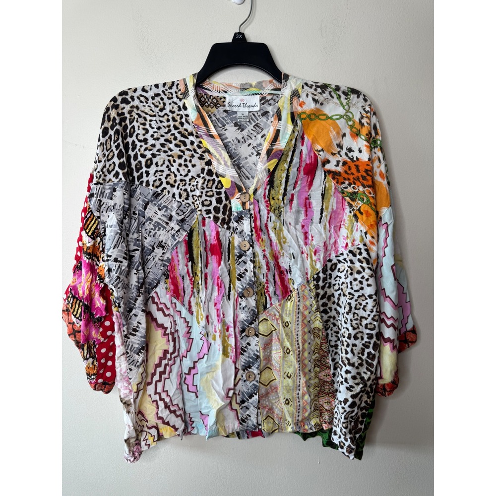 Sacred Threads Mixed Print Patchwork Button Front Top XL Rayon Boho Leopard